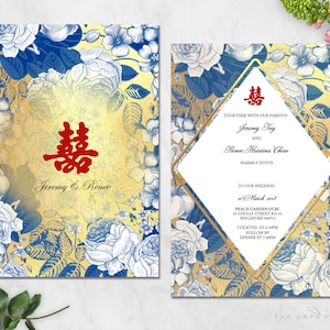 Afdrukbare bruiloft uitnodiging Set | Oosterse Fusion Blue Floral | Dubbel geluk | Goud basis