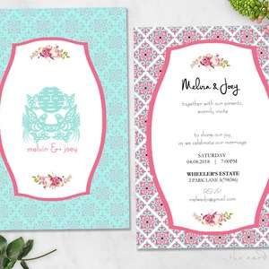 Könnte beinhalten: Hochzeitseinladung mit einem rosa und blauen gemusterten Hintergrund. Die Einladung zeigt ein traditionelles chinesisches Doppel-Glückssymbol und die Namen "Melvin & Joey". Der Text lautet "Melvin & Joey zusammen mit unseren Eltern, laden Sie herzlich ein, unsere Freude zu teilen, während wir unsere Hochzeit feiern Samstag, 04.08.2018 | 19:00 Uhr WHEELER'S ESTATE 2 PARK LANE S(798386) RSVP melwedjo@gmail.com"