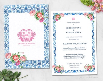 Printable Wedding Invitation | Peranakan | Florals | Blue | Double Happiness