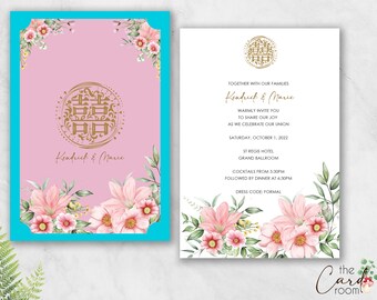 Printable Wedding Invitation Set | Double happiness | Florals | Chinese text Available | Digital Files