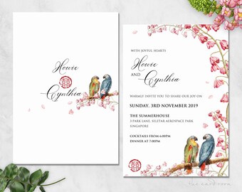 Printable Wedding Invitation Set | Modern Oriental Floral with LovBird | Double Happiness | Chinese Text Available