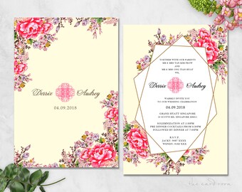 Printable Wedding Invitation Set | Modern Oriental Floral | Double Happiness | Geometrical Shapes