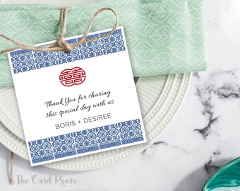 Peranakan tiles gift tag / Available in Stickers. / Blue / Double happiness Set of 30. (ITEM Peranankan 04)