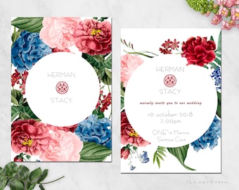 Printable Wedding Invitation Set | Modern Oriental Floral | Double Happiness | Chinese Text Available