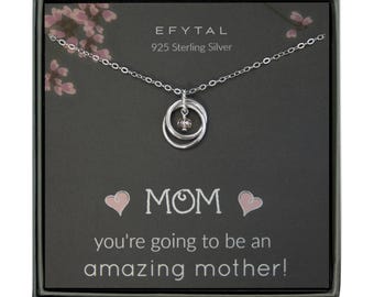 Sterling Silver Two Ring New Mom Necklace, Birthstone Pendant