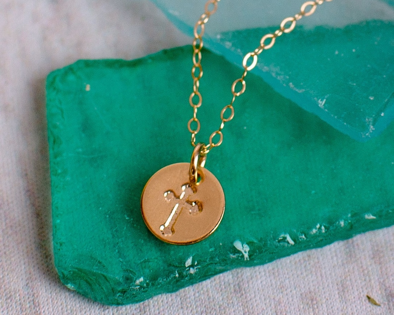 Tiny Gold Cross Necklace Dainty Disc with Cross Pendant Etsy