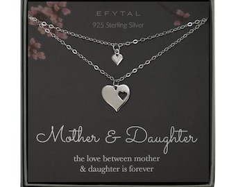 Mother Daughter Set For Two, Cutout Heart Necklaces, 2 Sterling Silver Necklaces, Mother's Day Gift 73