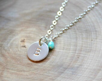 Tiny Silver Initial Necklace CHOOSE GEMSTONE - Sterling Silver Dainty Disc, Personalized Necklace, Monogram Necklace, Customized