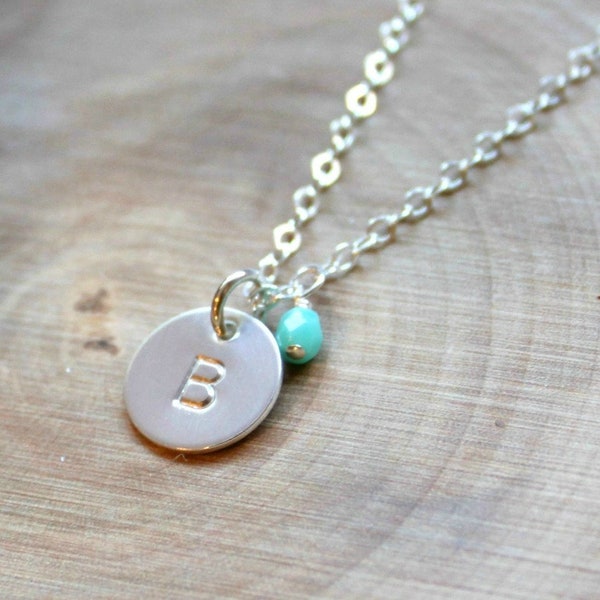 Tiny Silver Initial Necklace CHOOSE GEMSTONE - Sterling Silver Dainty Disc, Personalized Necklace, Monogram Necklace, Customized