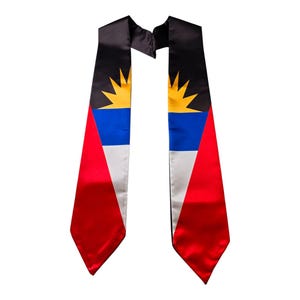 May include: A graduation stole featuring the flag of Antigua and Barbuda. The stole is black with red, white, blue and yellow accents.