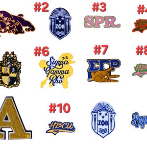 May include: Ten different embroidered patches with various designs and colors. The patches feature letters, logos, and text. Some of the patches are shaped like shields, while others are shaped like letters or words. The patches are all on a white background.