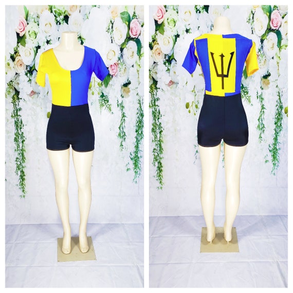 Custom Barbados Flag Stretch Romper Carnival Costume Flag Day Outfit *Other Countries Produced by Request
