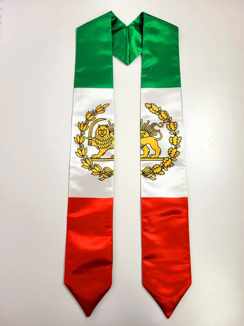 May include: A green, white, and red graduation stole with the Iranian national emblem, featuring a lion and sun, printed on the white section.