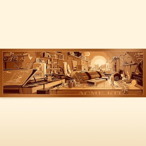 May include: A monochromatic brown horizontal print depicting a cluttered workshop interior labeled ACME KIT. The scene features a workbench with dynamite sticks, grenades, a rocket, and a blueprint. Shelves hold various supplies, and a tunnel opening is visible in the background, showing a desert landscape with a roadrunner and coyote.
