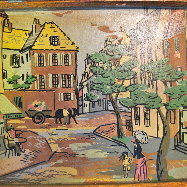 Vintage Hand Painted, Wood Framed Paintings of a Quaint French Village