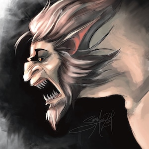 May include: Digital illustration of a snarling, anthropomorphic creature with sharp teeth and a fierce expression. The artwork features a color palette of gray, beige, and red, with a dark background. The creature has pointed ears and a mane of flowing hair.