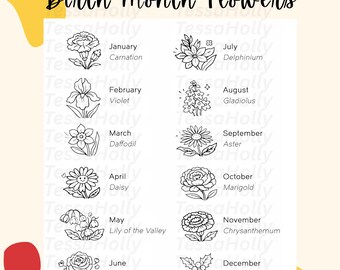 Birth Month Flower Illustrations PNG Files: Botanical Floral Images for Commercial Use