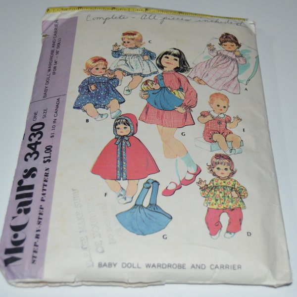 McCalls 3430 14 - 16 inch Baby Doll Wardrobe and Carrier Sewing Pattern