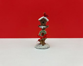 Miniature Fairy Garden Christmas Birdhouse with Wreath and Cardinal