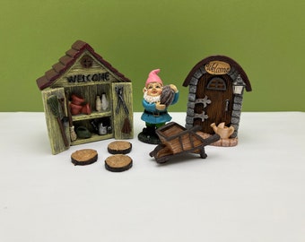 Fairy Garden Miniature Resin 7pc Gnome Work-shed Set