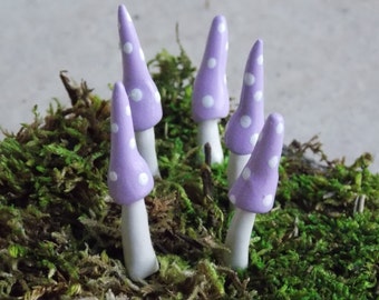 Fairy Garden Gnome Mushrooms Lavender set of 5 - miniature garden succulent terrarium dish accessories