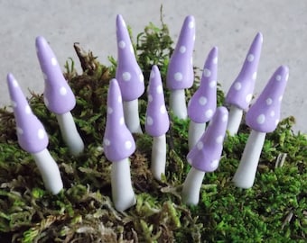 Set of 10 lavender gnome style fairy garden miniature mushrooms gnome pixie