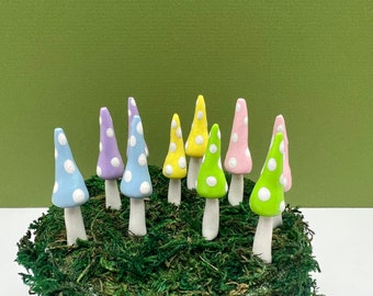 Fairy Garden Miniature Gnome Mushroom Picks Spring Pastels - Set of 10