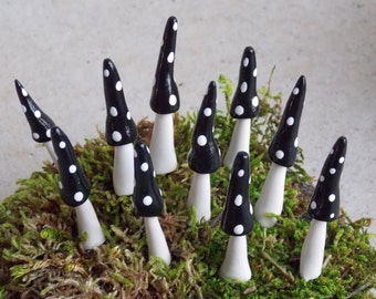Set of 10 black gnome style fairy garden miniature mushrooms gnome pixie