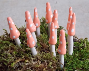 Set of 10 peach gnome style fairy garden miniature mushrooms gnome pixie