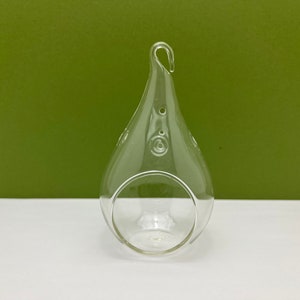 Peut inclure: Terrarium en verre transparent en forme de goutte d'eau avec une ouverture circulaire. Il possède une boucle en haut pour l'accrocher. Des cercles décoratifs sont gravés dans le verre. Idéal pour les petites plantes ou les plantes aériennes.