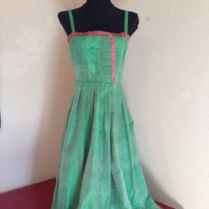Mint Green with Pink Original Design Silk Dress & Jacket, 28&quot; Waist