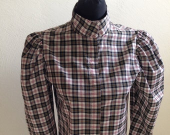 Plaid Blouse in Pure Cotton Handmade in the 70s, Bust 32 inches