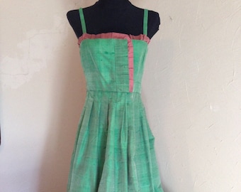 Mint Green with Pink Original Design Silk Dress & Jacket, 28" Waist