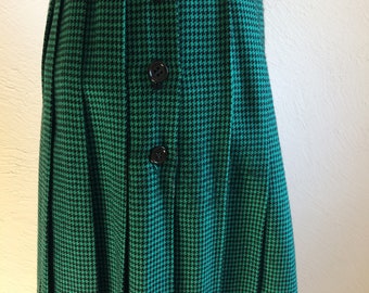 Green and Black Checked and Pleated Wool Skirt