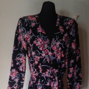 Black Dress with Bouquets of Pink Roses and Lilacs, Imported English Cotton, 34-inch Bust