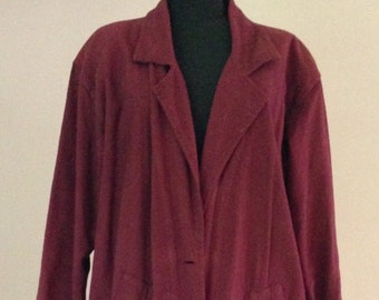 1980s Long Burgundy Cotton Duster Coat with Shoulder Pads