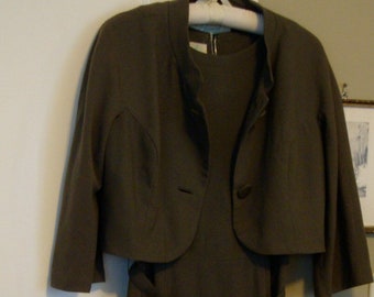 Sixties Olive Green Wool Crepe Dress with Matching Jacket, 25" Waist