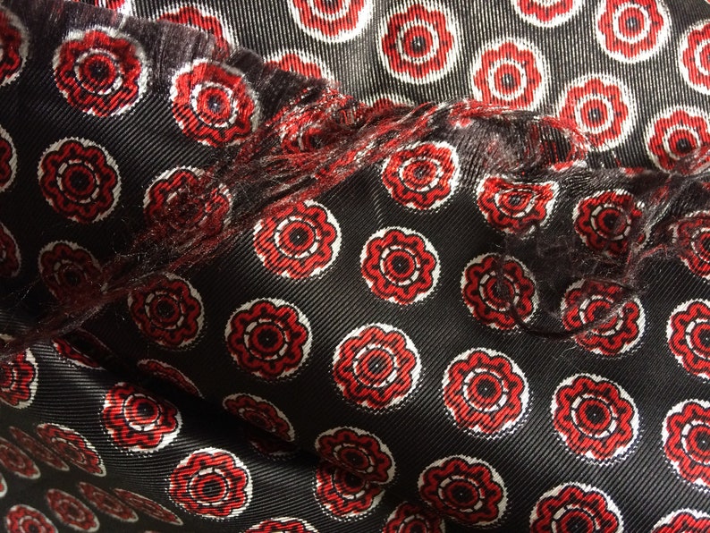 Red Medallions on Black Print Taffeta-like Fabric