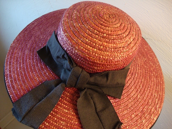 Raspberry Red Wide Brimmed Straw Hat, Made in Ital
