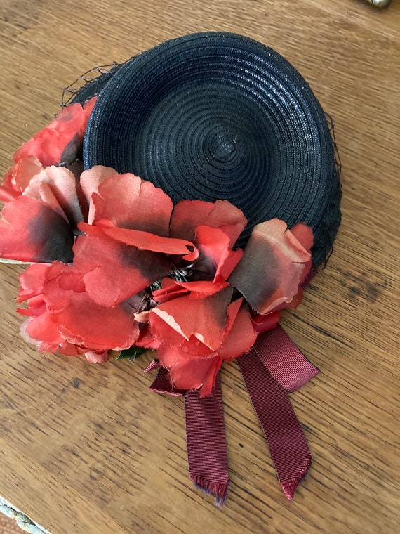 Vintage Black Straw Hat with Fabric Poppies