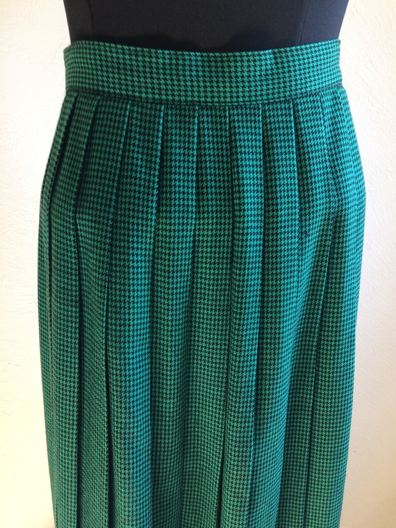 Green and Black Checked and Pleated Wool Skirt - image 3