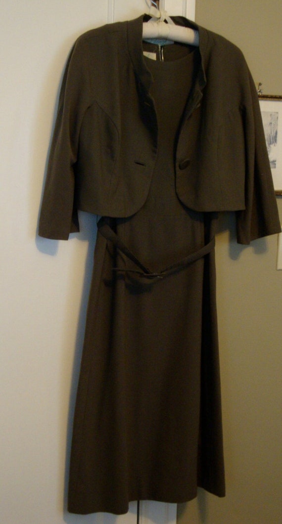 Sixties Olive Green Wool Crepe Dress with Matching