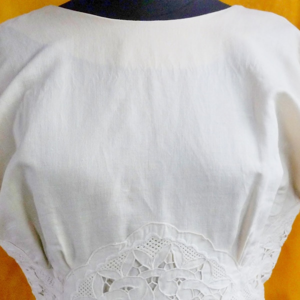 Plaza South Peplum Dress, 1980's Off White Linen Blend and Lace, 26" Waist