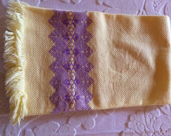 Two Vintage Yellow Towels with Lavender Embroidered Border