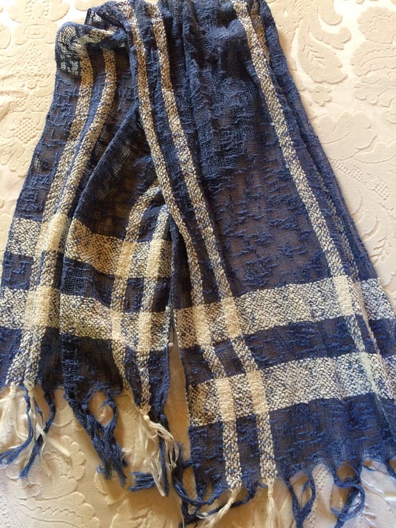 Eighties Blue and White Woven Cotton Scarf - image 1