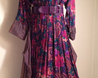 Luscious Deep Floral Rayon Print Dress Enhanced with Bands, Inserts and Folds of Fine Stripes, up to 30" Waist
