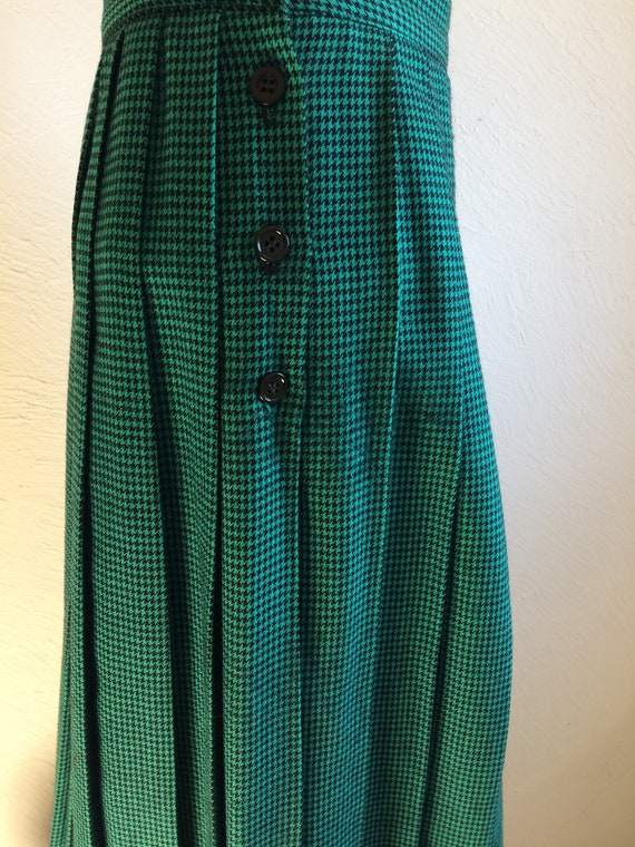 Green and Black Checked and Pleated Wool Skirt