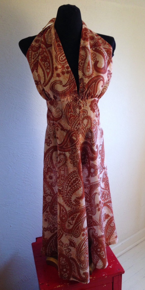 1970s Paisley Voile Halter Dress with Tie-waist Ja