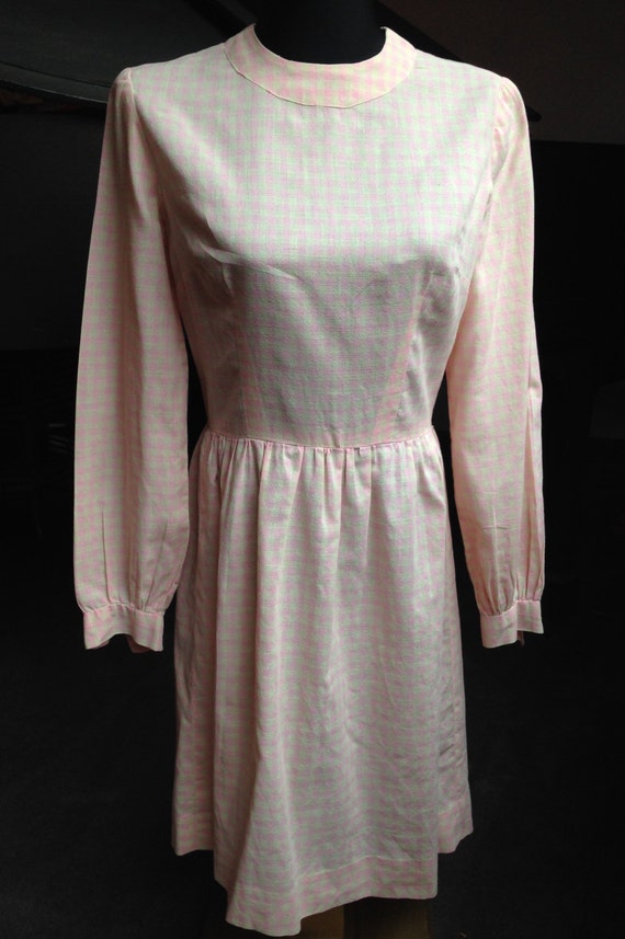 Soft, Sheer Sixties Long Sleeve Dress in Pink Chec