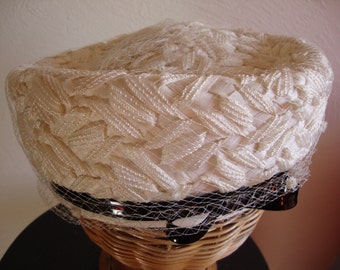 White Straw Turban Hat with Black Trim